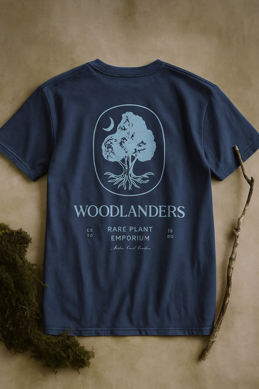 Navy blue Woodlanders t-shirt, front view.